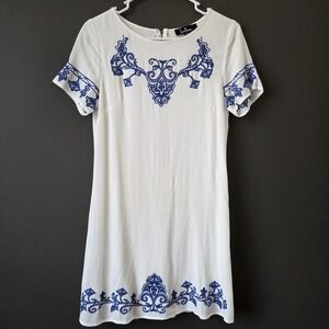 Lulus Women's Tale to Tell Dress Blue Ivory Embroidered Shift Size XS Lined Boho